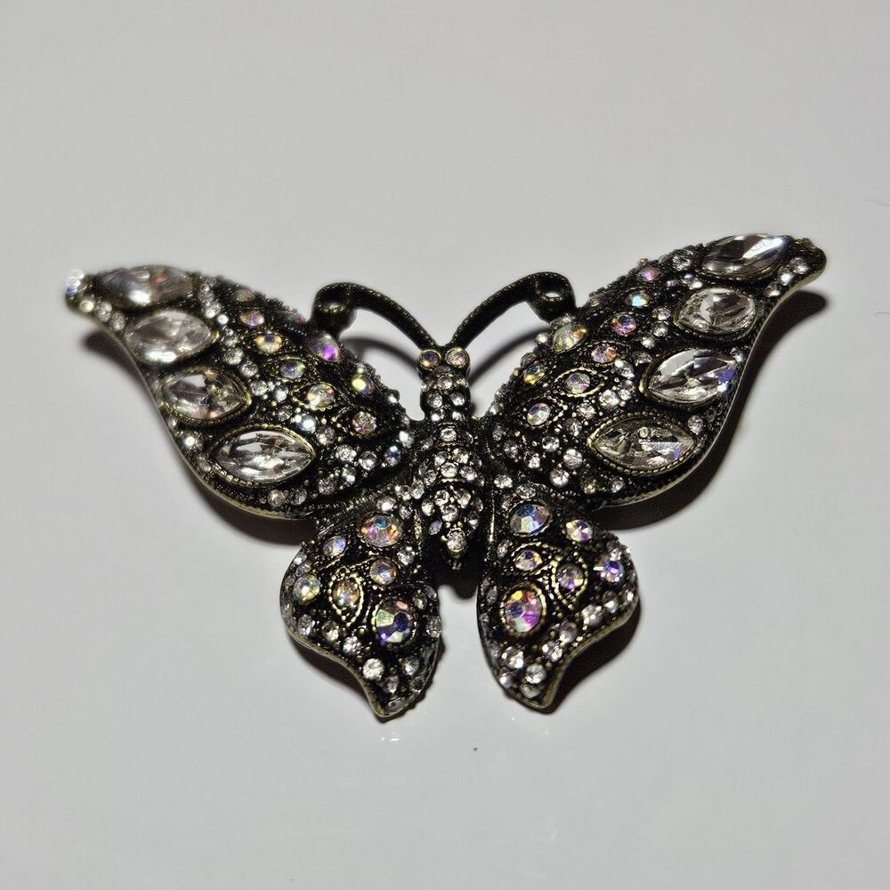 Vintage Gold Tone Aurora Borealis Clear Rhinestone Butterfly Sparkly Brooch